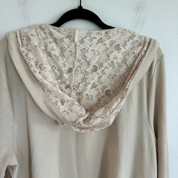 Logo Lori Goldstein Cardigan XL Tan Hoodie Open Front Lace Hood - Picture 8 of 11